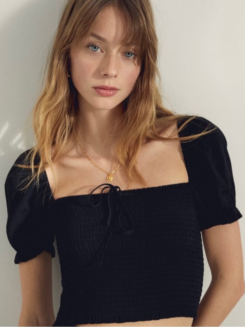 Aritzia Black Smocked Square-Neck Crop Top
